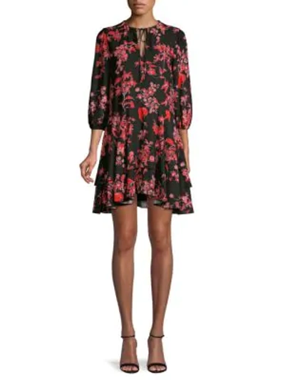 Alice And Olivia Moore Floral Puff-sleeve Flare Dress In Black Multi