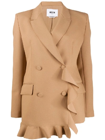 Msgm Double-breasted Ruffled Crepe Blazer In Brown
