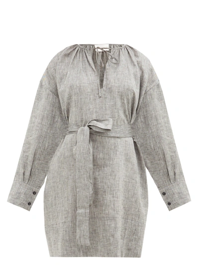 Asceno Santorini Belted Linen Mini Dress In Charcoal