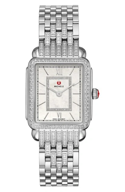 Michele Deco Ii Mid Pave Diamond Watch Head & Bracelet, 26mm X 28mm In Silver/ Mop