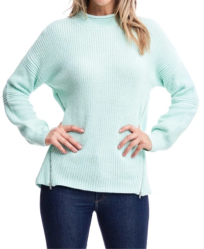 Fever Mock-neck Zipper-trim Sweater In Dusty Aqua