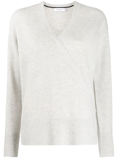 Calvin Klein Wrap Front Ribbed-knit Jumper In Grey