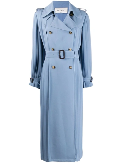 Valentino Pleated Silk-crepe Trench Coat In Blue