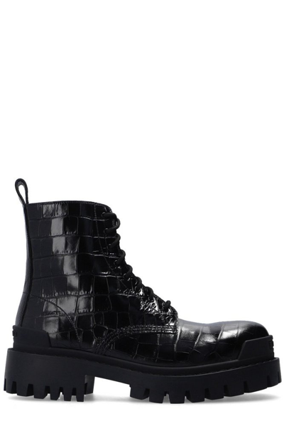 Balenciaga Strike Croc-embossed Leather Platform Ankle Boots In Black