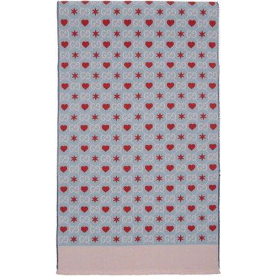Gucci Blue Wool Gg Hearts Scarf In 4972 Blue