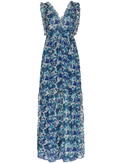 Adriana Degreas Floral Print Silk Chiffon Maxi Dress In Blue