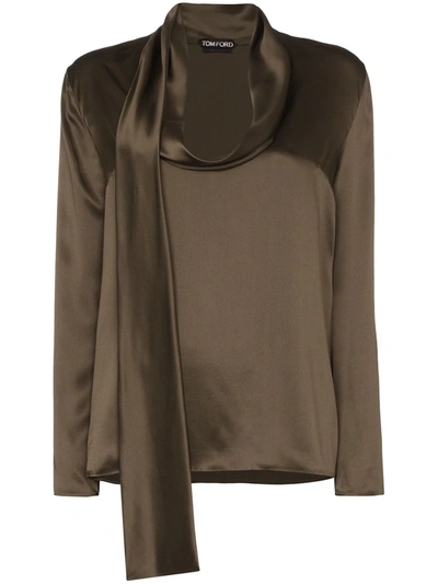 Tom Ford Silk Satin Scoop Neck Blouse In Green