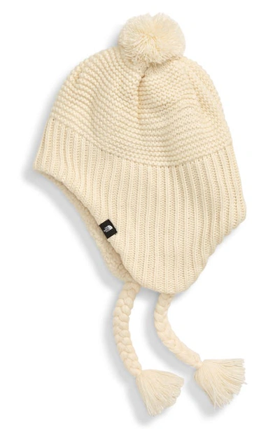 The North Face Kids' Purrl Stitch Pom Ear Flap Beanie In Vintage White