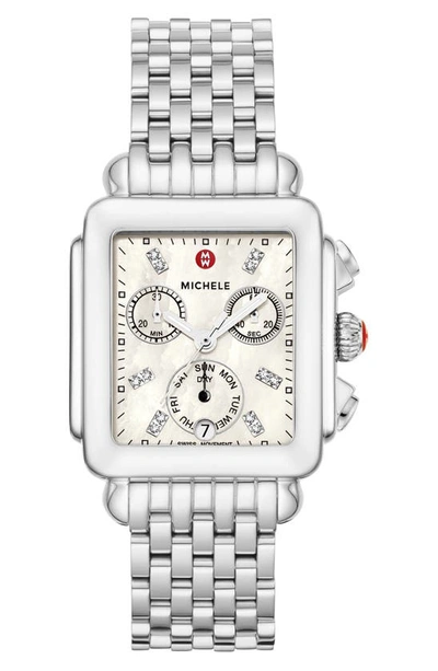 Michele Deco Diamond Dial Watch Head & Bracelet, 33mm In Silver/ White