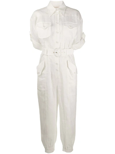 Zimmermann Super Eight Belted Linen Jumpsuit In Ivory