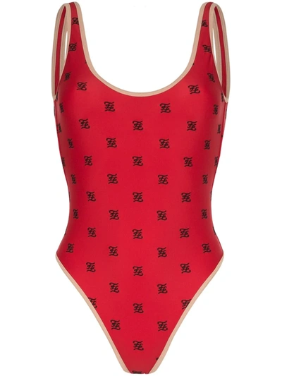 Fendi Karligraphy Motif High-leg Swimsuit In Red