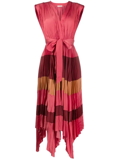 Ulla Johnson Maysha Belted Color-block Pleated Satin Midi Dress In Coral