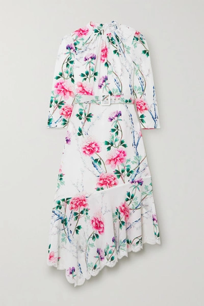 Andrew Gn Asymmetric Lace-trimmed Floral-print Silk-crepe Midi Dress In White