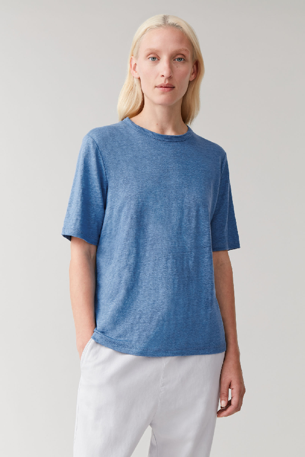 Cos Linen Round-neck T-shirt In Blue | ModeSens