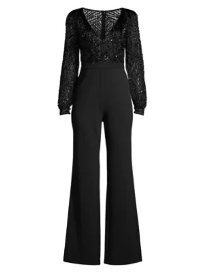 Aidan Mattox V-neck Beaded-bodice Jumpsuit In Black