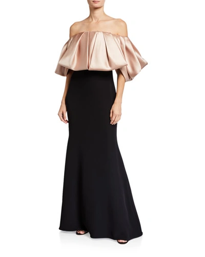 Badgley Mischka Couture Ruffled Taffeta Off-the-shoulder Gown In Gold