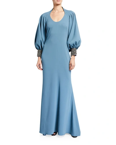 Badgley Mischka Couture Beaded Balloon-sleeve Gown In Blue