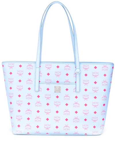 Mcm All-over Logo Print Tote Bag In Blue Bell