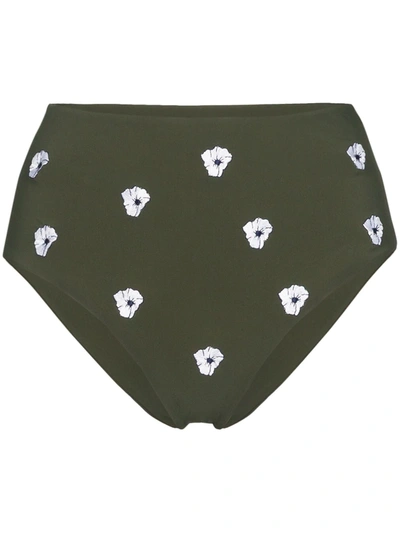 Anemone High-waisted Floral-embroidered Bikini Bottoms In Green