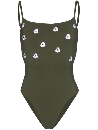 Anemone Narcissus Floral Embroidered Swimsuit In Green