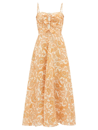 Zimmermann Peggy Tie-detailed Paisley-print Linen Midi Dress In Orange