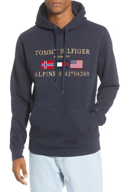 Tommy Hilfiger Multi-flag Graphic Logo Hooded Sweatshirt In Blue