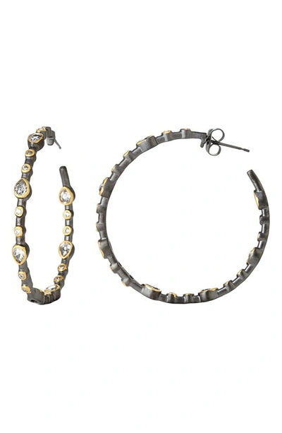 Freida Rothman Signature Teardrop Hoop Earrings In Rhodium-plated And 14k Gold-plated Sterling Silver In Gold/black