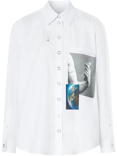 Burberry Press-stud Montage Print Cotton Shirt In White