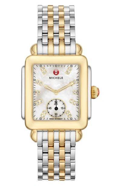 Michele Deco Mid Diamond Dial Watch Head & Bracelet, 29mm In Two Tone  / Gold Tone / Mother Of Pearl / Yellow