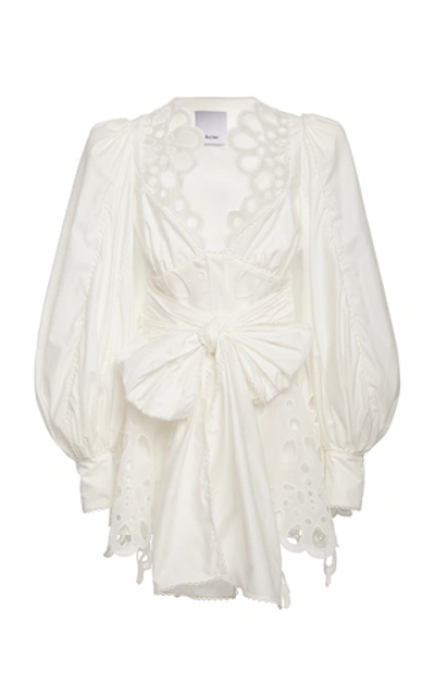 Acler Vicount V-neck Lace Eyelet-trim Puff-sleeve Tie-waist Mini A-line Dress In White