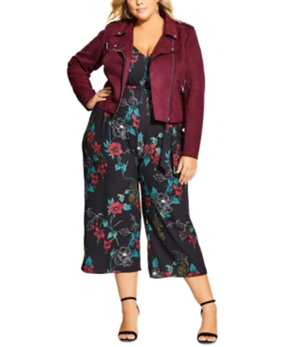 City Chic Trendy Plus Size Faux-suede Biker Jacket In Merlot