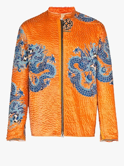 By Walid 19th Century Silk Embroidered Dragon Jacket In Orange