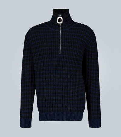 Jw Anderson Striped Quarter-zip Wool-blend Sweater In Navy