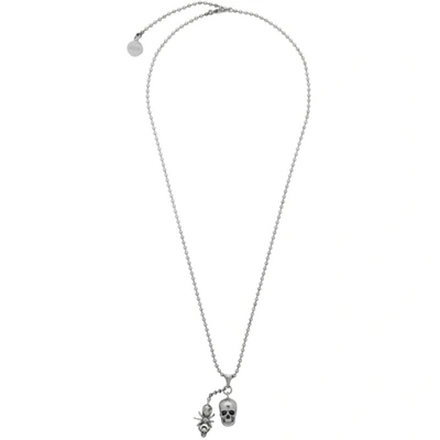 Alexander Mcqueen Silver Tone Skull And Spider Pendant Necklace In Metallic