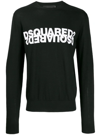 Dsquared2 Mirrored Logo Jacquard Knit Wool Sweater In Black