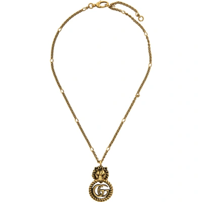 Gucci Lion Head Double-g Pendant Necklace In Oro Antico Op Antial