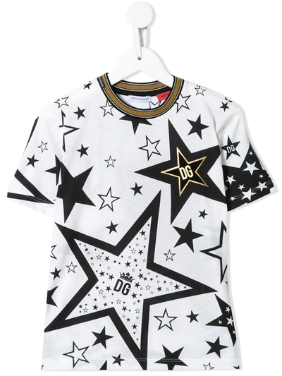 Dolce Gabbana Kids' Stars Print Cotton Jersey T-shirt In Bianco