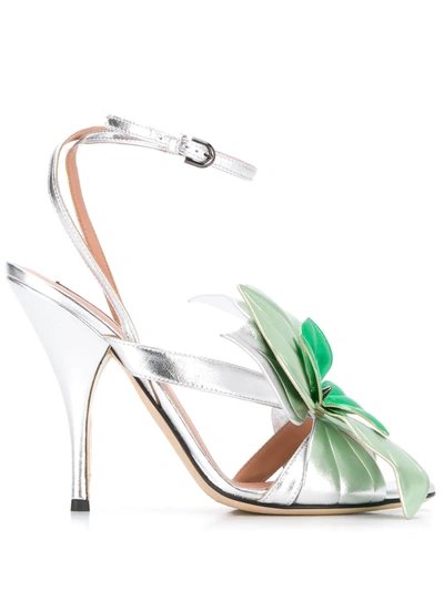 Marco De Vincenzo Laminated Leather Sandals With Flower In Silver,green