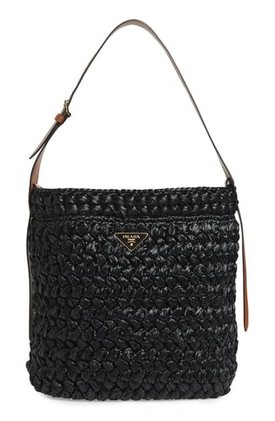 Prada Large Woven Raffia Shoulder Bag In Black