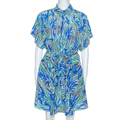 Pre-owned Kenzo Multicolor Printed Silk Short Sleeve Belted Shirt Dress M