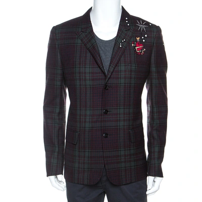 Pre-owned Valentino Bicolor Tartan Plaid Wool Embellished Detail Blazer Xl In Green