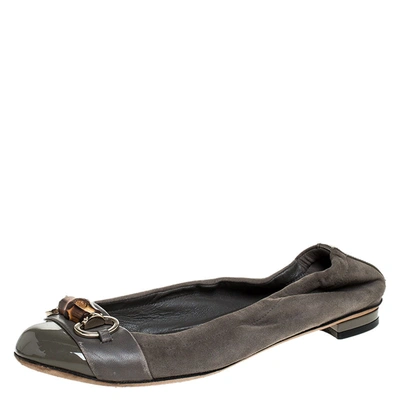 Pre-owned Gucci Grey Suede Patent And Leather Bamboo Horsebit Ballet Flats Size 36.5 In Silver