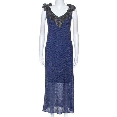 Pre-owned M Missoni M Missioni Blue Metallic Knit Tie Shoulder Detail Maxi Dress S