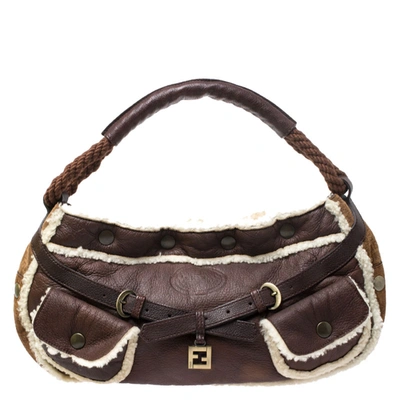 Pre-owned Fendi Brown Leather And Suede Shearling Hobo
