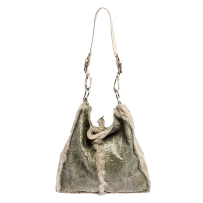 Pre-owned Dolce & Gabbana Green/beige Fur And Leather Reversible Tote