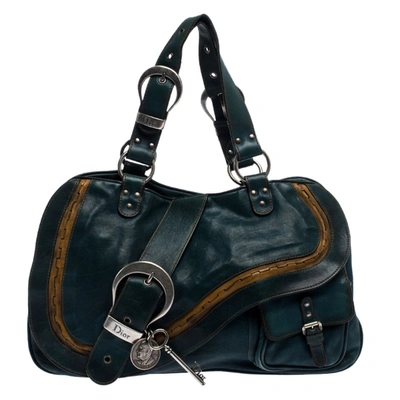 Pre-owned Dior Green Leather Large Gaucho Double Saddle Shoulder Bag