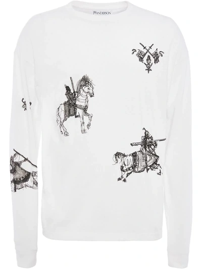 Jw Anderson Camelot-print Long-sleeved Cotton-jersey T-shirt In White