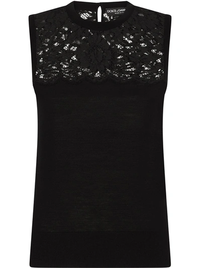 Dolce & Gabbana Sleeveless Virgin Wool And Lace Top In Black