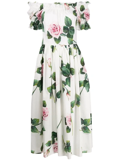Dolce & Gabbana Rose-print Off-the-shoulder Cotton-poplin Dress In White,pink,green