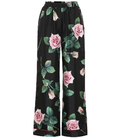Dolce & Gabbana Rose-print Silk Wide-leg Trousers In Black
